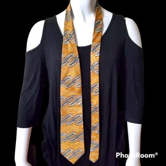 Cellini Yellow, Tan, & Blue Patterned Silk Tie - Picture 1 of 6
